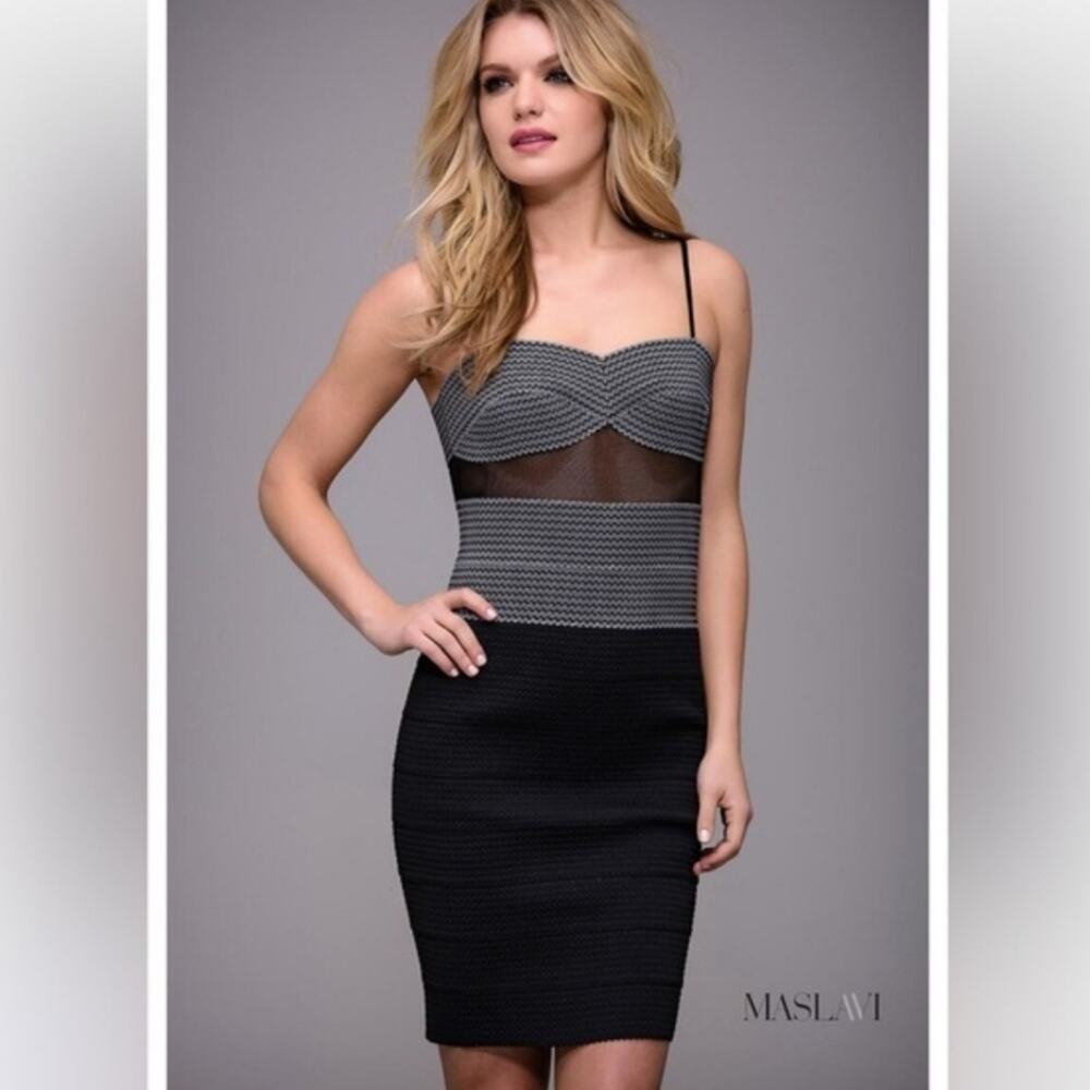 NWT Maslavi by Jovani Black White Two Tone Bandage Mini Dress 8 M625A
